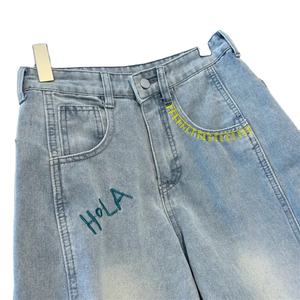 กางเกงยีนส์เอวสูงทรงขากว้างสำหรับผู้หญิง ผ้าเดนิมพิมพ์ลาย ย้อมเส้นด้าย ระบายอากาศได้ดี ผ้าฝ้ายลำลอง - Product Image 1