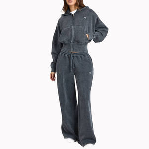 Ensemble sweat à capuche zippé délavé et pantalon de survêtement coupe décontractée pour femme, taille élastique, vêtements de détente pour la fabrication de vêtements en gros - Product Image 1
