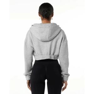 Sweat à capuche en molleton Spandex/Coton avec épaules tombantes, coupe oversize courte, gris chiné, fermeture éclair intégrale pour femme - Product Image 1