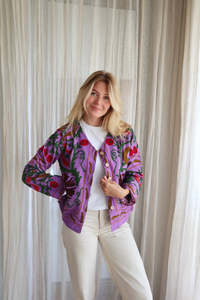 Chaqueta Bomber de Mujer Estilo Boho Chic, Tejida en Algodón con Bordado Floral Suzani, Botones, Ecológica, para Otoño e Invierno - Product Image 3