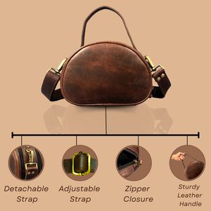 Petit sac à bandoulière rond en cuir véritable pour femmes Sacoche marron à deux poignées avec fermeture à glissière Sac à main élégant à bandoulière - Product Image 3