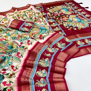 À la mode et élégant imprimé numérique Lichi Silk Kalamkari Saree couleurs accrocheuses et qualité supérieure pour les consommateurs et les acheteurs en gros - Product Image 1