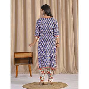 Blue Hand Drawn <b>Block</b> <b>Printed</b> Cotton Anarkali Kurta Pant Set Indian Style Soft Ethnic Wear for Daily Party Wear Net Fabric - Product Image 6