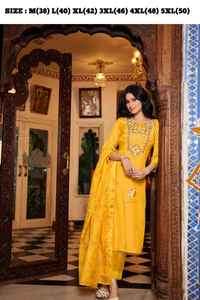 Fancy Evergreen Designer Outfit Muslin Silk Kurti Pant Heavy Handwork Thread Work con Digital Dupatta Compras en línea India - Product Image 3