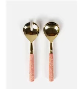 Ensemble de couverts à salade cuillère et fourchette en plaqué or décor de table de mariage vaisselle en résine ensemble de couverts à long manche rond - Product Image 3