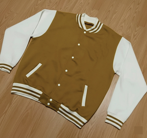 Veste de style universitaire rétro, corps marron café avec manches contrastantes blanches, prix de gros bon marché - Product Image 5