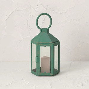 Lanterne de bougeoir en métal patiné vert hexagone simple lanterne de table et de sol décorative pour la maison - Product Image 1