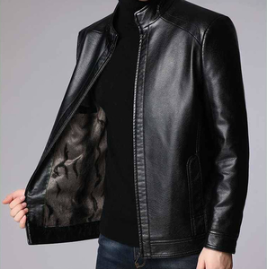 เสื้อแจ็คเก็ตหนังแท้คุณภาพสูงสำหรับผู้ชาย สไตล์แฟชั่นสีดำ คอตั้ง ย้อมสีเรียบ สำหรับฤดูหนาว - Product Image 5