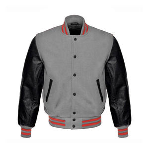Veste de style universitaire pour homme, grise et noire, manches en cuir, bordure côtelée rayée orange, boutons-pression, streetwear urbain tendance - Product Image 2