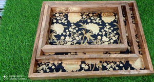 Plateau de service en bois d'acacia, plateau artisanal en bois et en meena personnalisé pour la décoration de la maison, ensemble de plateaux carrés, plateaux en bois en gros - Product Image 6