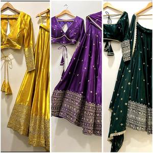 Diseñador puro Cinon-seda bordado pesado nupcial Lehenga Choli Color amarillo para Bollywood para ropa festiva de boda de Hollywood - Product Image 4