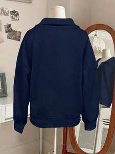 <b>Navy</b> Acid Wash Half Zip Women's Hoodies 100% Cotton Fleece Pullover Breathable Anti-Wrinkle Soft Streetwear Autumn Front OEM - Product Image 3