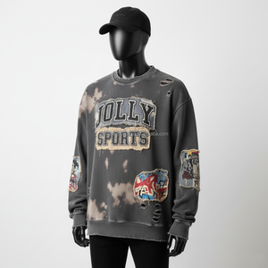 Premium 330 GSM sudadera de lana de algodón estilo extragrande lavado negro tela desgastada parche bordado básico sudadera - Product Image 5