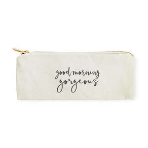 Good Morning Gorgeous Portable <b>Makeup</b> Organizer Bag Cotton Canvas Pencil <b>Case</b> Zipper Closure Travel Cosmetic Pouch Letter - Product Image 1