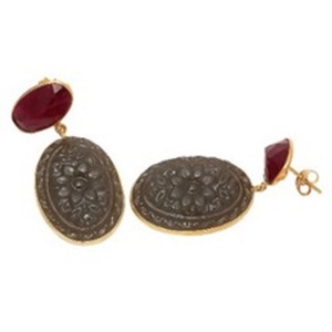 Boucles d'oreilles en argent Sterling 925, calcédoine grise Hydro et pierre rubis teinte, forme ovale, nouvelle collection - Product Image 1
