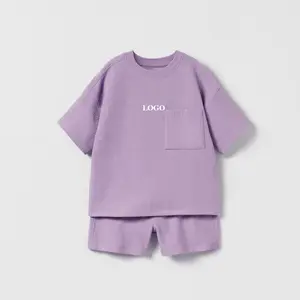 Goede Kwaliteit Effen Kleur 2 Delige Geribbelde Shorts Set Voor Meisjes/Custom Logo Comfortabele Oversize Tshirt En Korte Broek Set Voor Kinderen