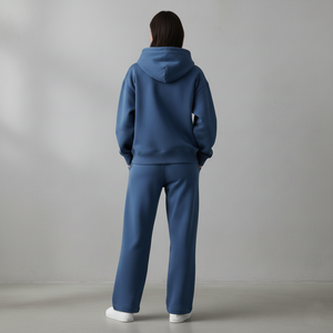 Custom High Quality 100g Cotton <b>Fleece</b> Streetwear Tracksuit Women Blue Skinny Fit Above Knee Hoodie Sweatpants Two Piece Set - Product Image 2