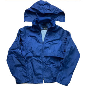 Blue Polyester/Rayon Coated <b>Windbreaker</b> Jacket Detachable Hood Cotton Lining Front Zip Closure Elastic Cuffs Lightweight - Product Image 1