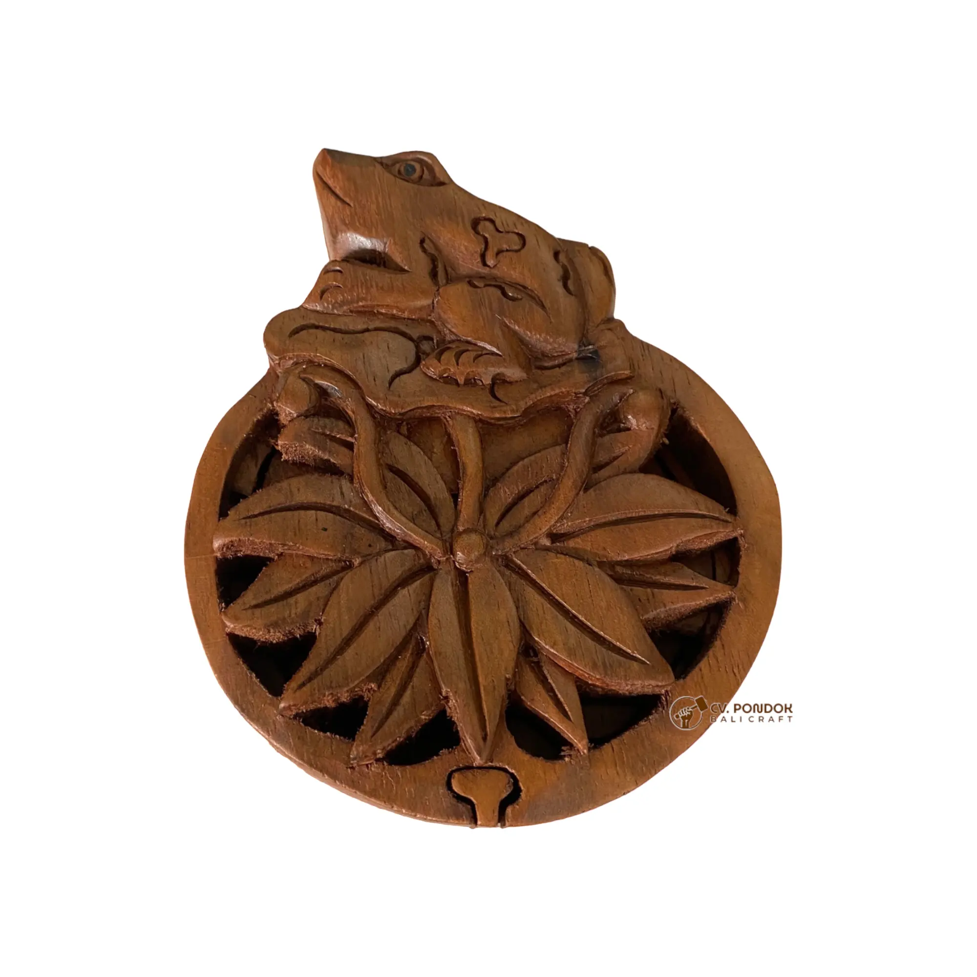 インドネシアのバリからのアクセサリー手工芸品を保管するための茶色の蓮の花が付いた手作りの木製カエルボックス