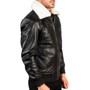 Bomber Veste en cuir d'agneau Cols écartés Doublure en cuir de vachette satiné et polyester pour hommes Fermeture à glissière avec vestes à manchettes boutonnées - Product Image 4