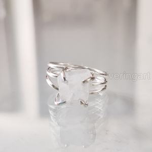 Raw Stone Jewelry Women's Ring Natural Rainbow Moonstone Gemstone June Birthstone 3 Plain Band Jewelry 925 Sterling Silver Ring - Product Image 1