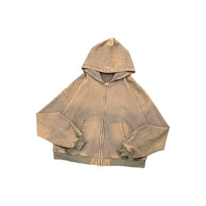 Sweat à capuche zippé sans ficelle French Terry Distressed Vintage Hoodie Sweat unisexe Logo personnalisé Sun Faded Crop Acid Washed - Product Image 1