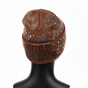 Bonnet en tricot acrylique GSM premium pour femme, élégant, avec strass, couleur marron, logo personnalisé disponible, bonnet jacquard. - Product Image 4