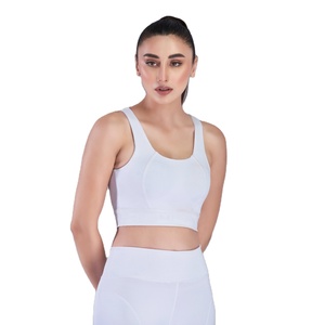 Sujetador deportivo de yoga reversible de malla con soporte alto, tirantes cruzados, cuello en V profundo, liso/estampado, color blanco - Product Image 1