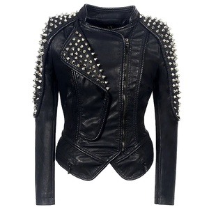 Custom Women's <b>Punk</b> Style Asymmetric Zipper Faux Leather Biker <b>Jacket</b> Autumn Windproof Casual Style <b>Punk</b> Rivets Studs Outer PU - Product Image 1