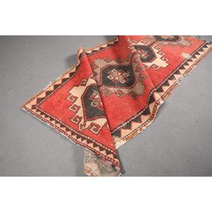 Turkish Vintage <b>Wool</b> Area Rug 3.6x8.4 ft (111x255 Cm) <b>Red</b> Patchwork Rug with Eco-Friendly Latex Backing - Product Image 4