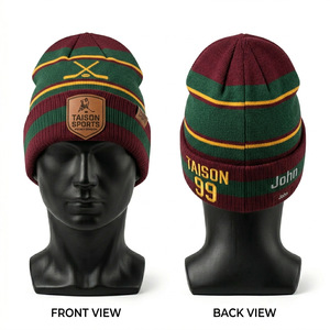 TAISON SPORTS Premium 320 GSM 100% <b>Wool</b> Rib Knit Ice Hockey <b>Beanie</b> Cap Maroon Green Gold Custom Embroidery Leather Patch Unisex - Product Image 1