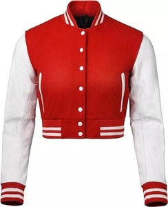 Women's Racer Jacket with Wool Sleeves <b>Red</b> Wool Body Custom Color Stripe & Embroidery Decorations Windproof Cotton Filling - Product Image 6