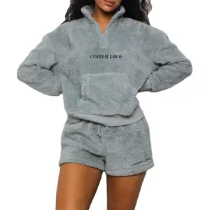 Custom Logo Sweat suit Casual Velvet Oversize Half Zip Sweatshirt And Shorts 2 Piece Set Loungewear Women Tracksuit Sets