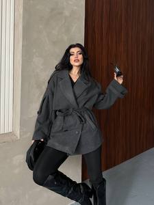 Elegant Gray Brushed <b>coat</b> fabric <b>Wool</b> Blend Trench <b>Coat</b> <b>With</b> <b>Belt</b> Full Sleeve Notched Collar Midi Length Winter Wear - Product Image 1