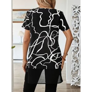 Women's Short-Sleeved Crew Neck Patterned <b>Top</b> Sandy Bottom <b>Tulle</b> Asymmetrical Detail Blouse, 35768 - Black - Product Image 2