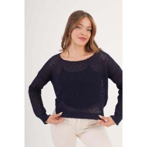 Blusa de Punto Azul Marino con Cuello Ancho, Estilo Casual, Venta al Por Mayor - Product Image 3