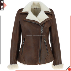 เสื่อหนังเสื้อผ้าผู้หญิงแท้สีน้ําตาลแจ็คเก็ตปกสีขาวซับขนผลิตในปากีสถาน - Product Image 1