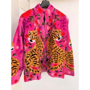 Autumn Spring Velvet Embroidered <b>Jacket</b> Pink Tiger Quilted Varsity Outerwear Cotton Reversible Suede Leather Short Soft Boho - Product Image 1