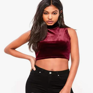 Top corto sin mangas de cuello alto de terciopelo para mujer, blusa elegante, top de terciopelo personalizado de verano para mujer - Product Image 1