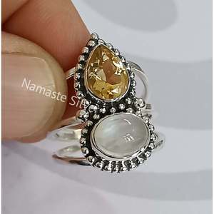 14K Gold Plated Handmade Women's <b>Statement</b> <b>Ring</b> with Natural Citrine & Rainbow Moonstone November Birthstone 925 Sterling <b>Silver</b> - Product Image 1