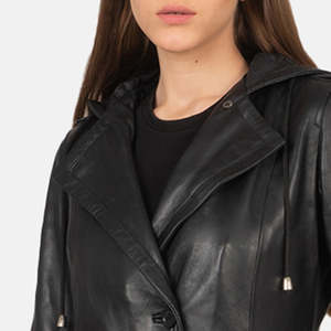 Fixon Casual Black Trench <b>Coat</b> Hood Waterproof PU Leather Double Breasted Closure Long Length Denim Knitted Fabric Cotton Filled - Product Image 6