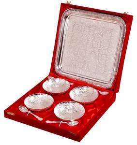 Ensemble de plateaux à double compartiment en argent allemand de luxe avec cuillères, boîte en velours noir, cadeaux d'entreprise ethniques Diwali, vaisselle à finition antique - Product Image 2