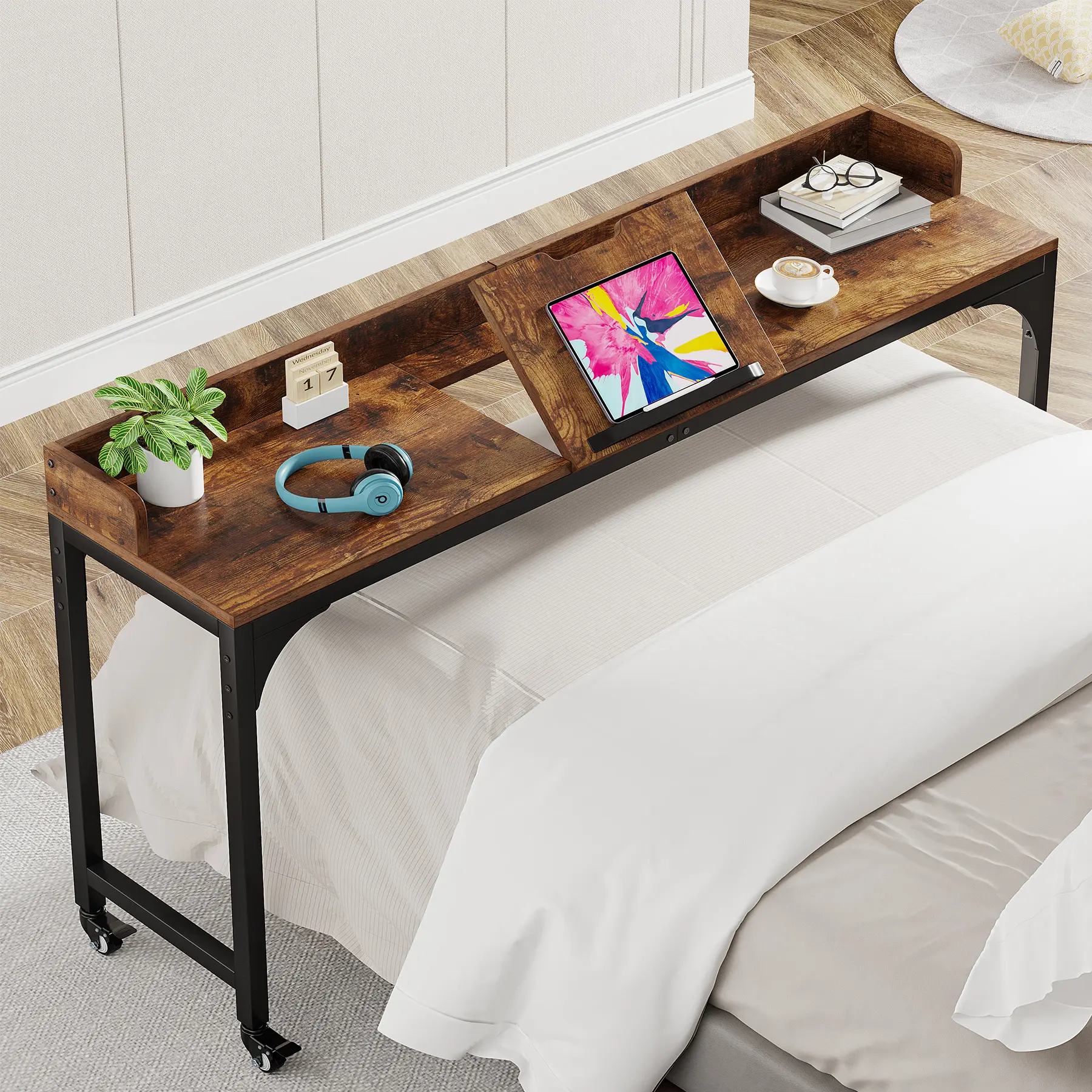 ベッドの上にベッドサイドのためのエクストラロングコーヒーテーブルモバイル木製ラップトップデスク