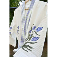 Robe Kimono en Coton à Motifs Floraux Imprimés à la Main, Robe de Demoiselle d'Honneur, Vêtement d'Intérieur Printemps-Été Longueur Genou, Loungewear de Luxe pour Femme en Tissu Gaufré à Manches Longues Bleu