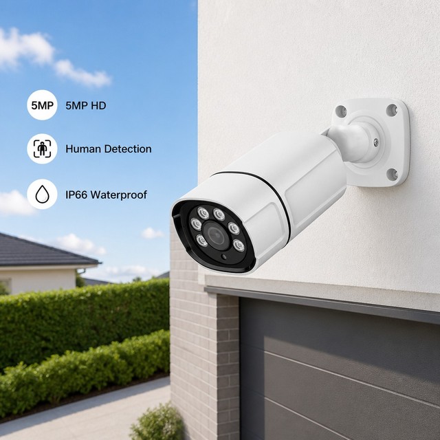 5MP Outdoor Bullet Security Camera H.265 PoE IP CCTV with Human Detection Night Vision IP66 Waterproof for Home
