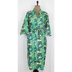 Kimono de Verano de Algodón Puro con Estampado Indio, Cómodo, con Diseño de Hojas Verdes, para Playa, Maternidad o como Bata de Casa - Product Image 1