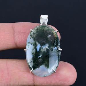 Colgante fino chapado en oro de Plata de Ley 925 con cabujón ovalado de ágata de musgo de bosque, collar para mujer, sin níquel y sin plomo - Product Image 6