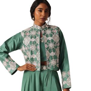 Verde arte seta Palazzo Set con il lavoro a specchio all'ingrosso donna abbigliamento etnico OEM fornitore di abbigliamento personalizzato festa di nozze vestito - Product Image 2