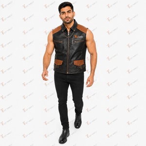 Tiierwear <b>Men's</b> <b>Black</b> Leather Look Moto <b>Vest</b> With Brown Accents Zipper Front Pockets Chains Turn-down Collar Autumn Winter Outer - Product Image 2