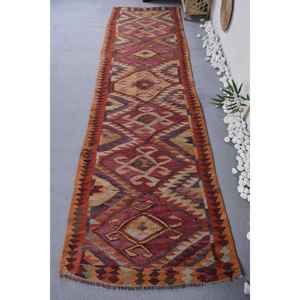 Tapis en Laine de Style Ethnique en Rouge Orange Tapis de Salon à Dos en Latex de 2.8X10.3 pieds pour Entrée Couloir Motif Rectangle Rayé - Product Image 1